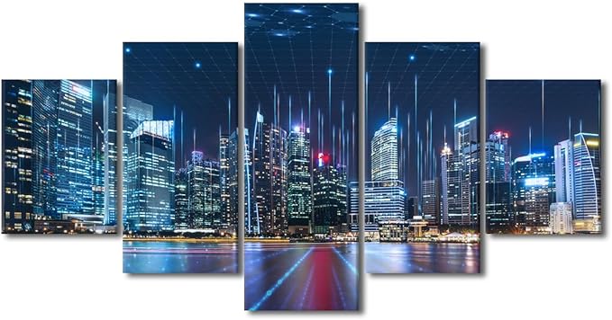 Canvas Wall Art for Office Communication Company Wall Decor Modern Smart City Poster Telecommunication and Communication Picture Printing Native Americans Home Decoration 5 Panel Poster 60x32 Inch