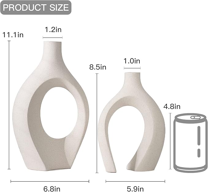 Extra Large Hollow Nordic Modern Ceramic Vases Set of 2, Milky White Aesthetic Round Donut Boho ins Style Flower Decorative Vase for Room Home Book Shelf Table Decor (Matte W 8" X H 11")