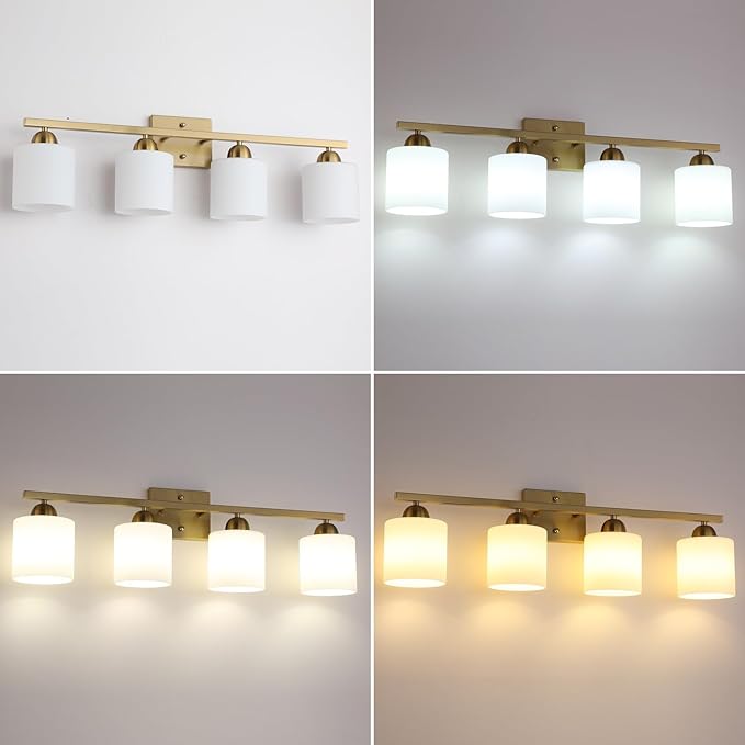 Stainless Steel Milk Glass Vanity Lights for Bathroom, 4 Light Gold Bathroom Light Fixtures Over Mirror, Ceramic E26 Sockets Wall Mounted