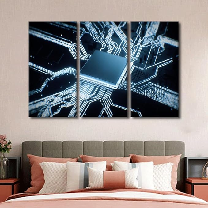 3 Pieces Semiconductor Chip Wall Art Canvas Prints for Wall Decor Chip Artwork for Home Walls Circuit Boards Paintings Modern Office Room Wall Decor Stretched and Framed Ready to Hang, 60"Wx40"H