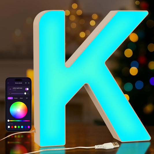 MeRGBWLife Light Up LED Letter Lights – USB Powered Color Changing Alphabet Sign, APP Controlled Night Light for Bedroom, Party, Birthday, Christmas & Valentine Decorations, K