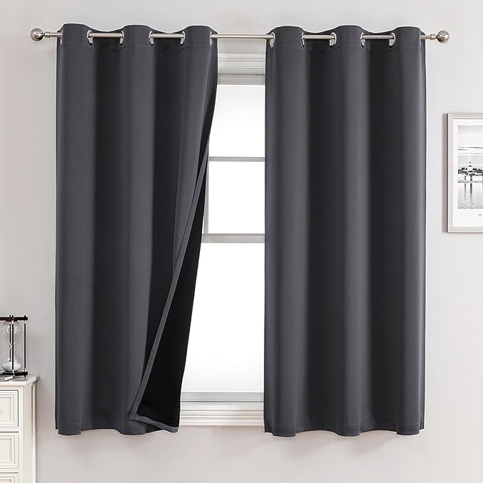ChrisDowa 100% Blackout Curtains 63 inch Long for Bedroom with Black Liner, 2 Thick Layers Total Blackout Thermal Insulated Grommet Window Curtains 2 Panels Set (Dark Grey, 38 x 63 Inch)