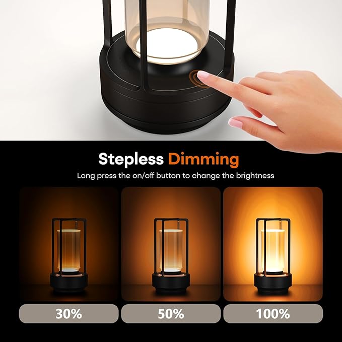 Portable Metal Table Lamp for Indoor/Outdoor ,Rechargeable Cordless LED Lamp, 3-Colour Infinitely Dimming Battery Powered Small Desk Lamp, Restaurant/Bedroom/Bar/Coffee Shop/Camping Light (Black)