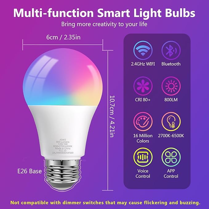 DAYBETTER Smart Light Bulbs, RGBCW Color Changing Smart Bulb Compatible with Alexa & Google Home,Preset Scene, Music Sync, A19 E26 2.4G WiFi Bluetooth Dimmable LED Bulbs, 60W Equivalent, 800LM, 4 Pack