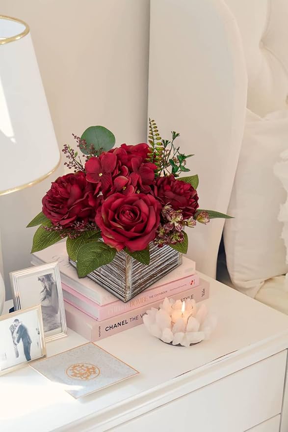 Flower Arrangement with Wooden Vase 8" Artificial Flowers in Pot - Fake Flowers Roses Peonies Hydrangeas in Wooden Vase Potted Artificial Flower Centerpieces for Table Decor Living Room - Red