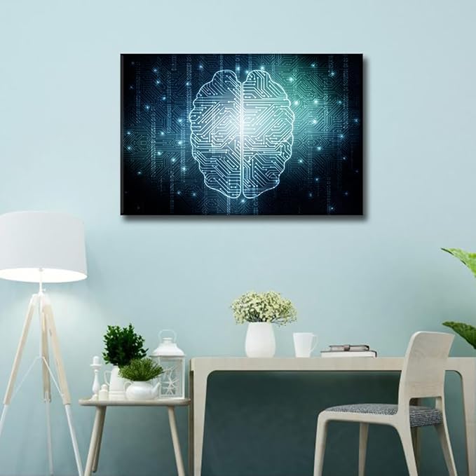 TUMOVO Artificial Intelligence Brain Wall Art for Bedroom Digital Age Canvas Painting CPU Concept Large Wall Art for Living Room Contemporary Home Decor 1 Panel Stretched Frame, 36x24in