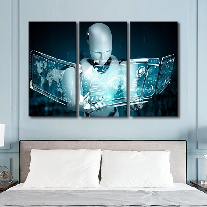 3 Panels Wall Art - Big Data Analysis Canvas Prints Western Robot Canvas Wall Art AI Intelligence Wall Art Bedroom Wall Decor Contemporary Home Decor Giclee Artwork Framed Ready to Hang, 60"Wx40"H