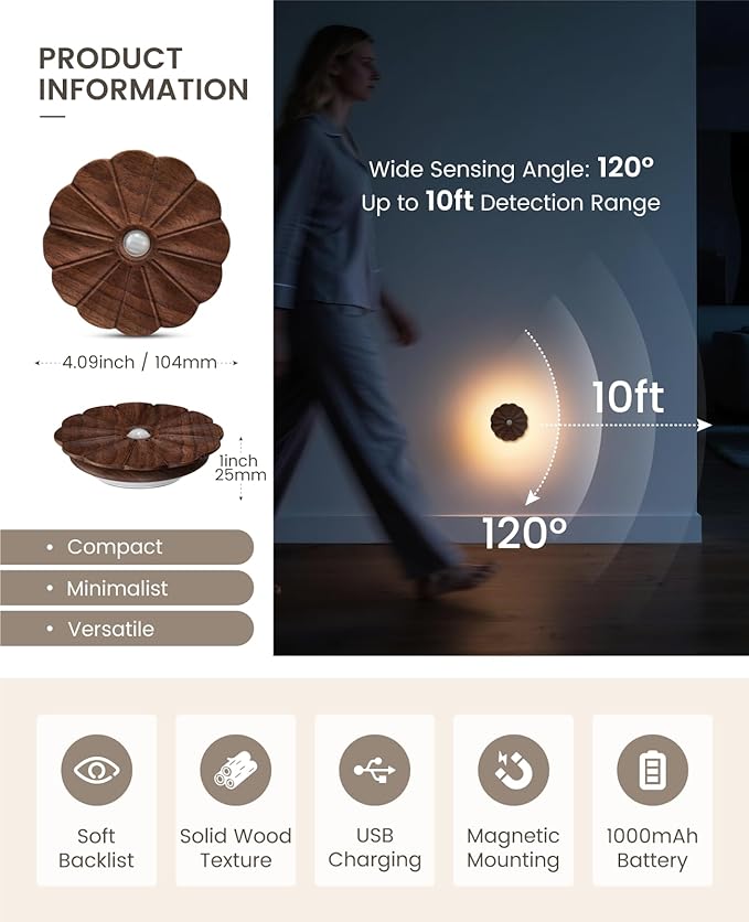 Motion Sensor Night Light Wooden Carved Flower USB Rechargeable Stick-On Step Lights Magnetic Mini Wall Lights for Hallway Bedroom Living Room Stair (Black Walnut)