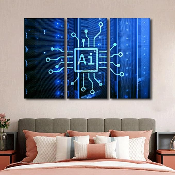 AI Art Prints for Wall Decor 3 Pieces Framed Wall Art AI Intelligence Modern Artwork for Home Walls Automation Canvas Prints Room Wall Decor Framed Ready to Hang Posters, 60" Wx40 H