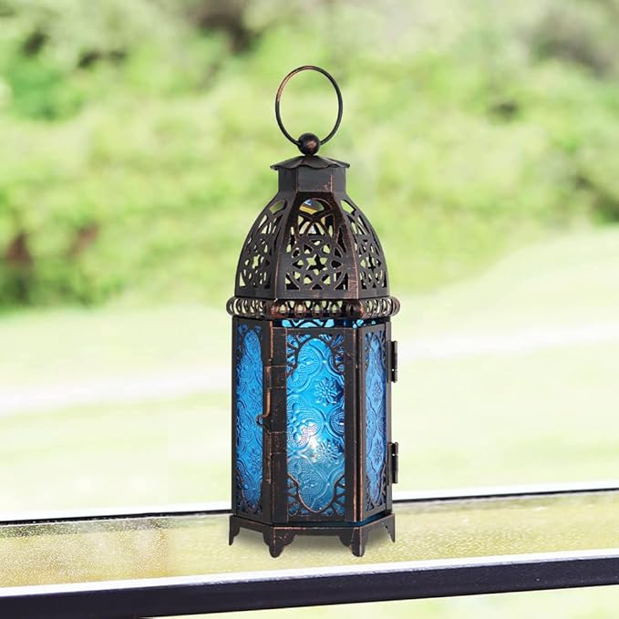 DECORKEY Christmas Lanterns Decorations Indoor & Outdoor, 11’’ Medium Size Vintage Metal Hanging&Tabletop Candle Holder Decor, Halloween Ramadan Decorations for Home Porch Patio(Blue)