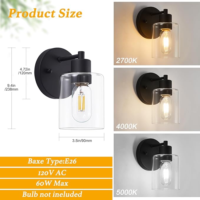 Black Wall Sconce,Wall Light Fixtures, Modern Bathroom Light Fixture with Clear Glass Shade and Moisture and Rust Prevention,Hallway Wall Lamp Mount Light Fixtures for Wall(1PACK)