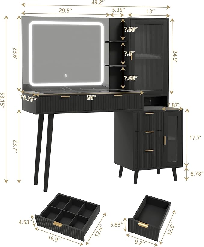 Black Vanity Desk with Mirror and Lights, 49" Fluted Wood Makeup Vanity Table with Modern Glass Top, Charging Station, 5 Drawers, 2 Cabinet with Adjustable Shelves, Salon Station