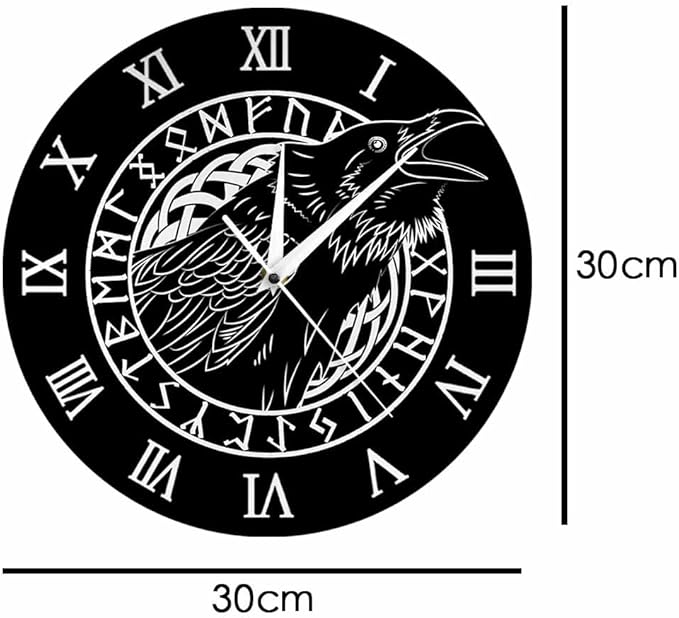 Geek Alerts Cawing Black Crow with Roman Numerals Silent Wall Clock 12inch Viking Odin Raven with Scandinavian Runes Battery Operated Quartz Watch