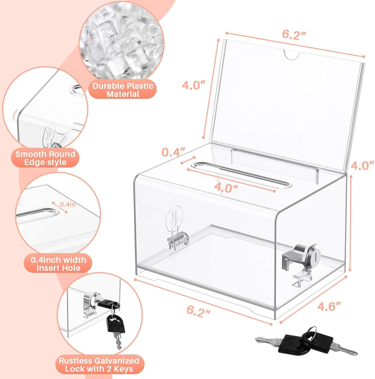 Clear Donation Box with Lock & Sign Holder, Versatile for Fundraising, Ballot Voting, Suggestions, and Tips Jar, Secure Storage Design, Size 6.2x4.6x4.0 Inch, Clear 1 Pack
