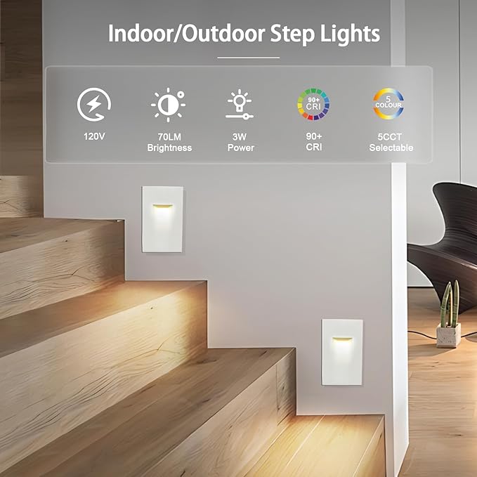 4-Pack Vertical LED Step Lights, Color Adjustable (2700K-5000K), IP65 Waterproof, 3W 70LM, 120V Stair Lights Indoor Outdoor, 10%-100% Dimmable, White, ETL Certified