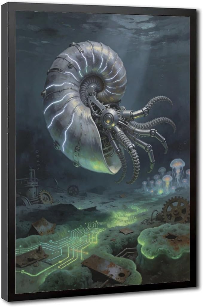Framed Steampunk Mechanical Nautilus Wall Art - Underwater Industrial Poster for Man Cave Studio Decor 24x36in