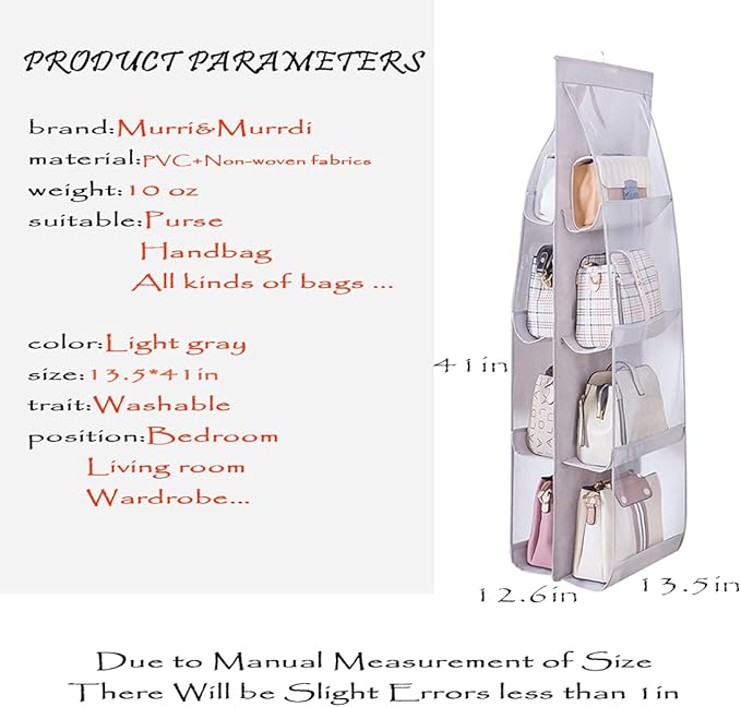 MURRI&MURRDI 2 Packs Hanging Handbag Organizer for Closet, Purse Storage Holder with 8 Easy Access Clear PVC Pockets, Womens Purse Hanger Bag for Wardrobe Door Wall Space Saving, Gray