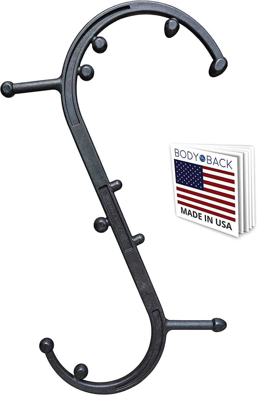 Body Back Buddy Classic USA Made Handheld Massage Cane - Full Body Trigger Point Tool for Deep Tissue Pain Relief - Dual Hooks for Back, Shoulder, Neck - (2.0 Black)
