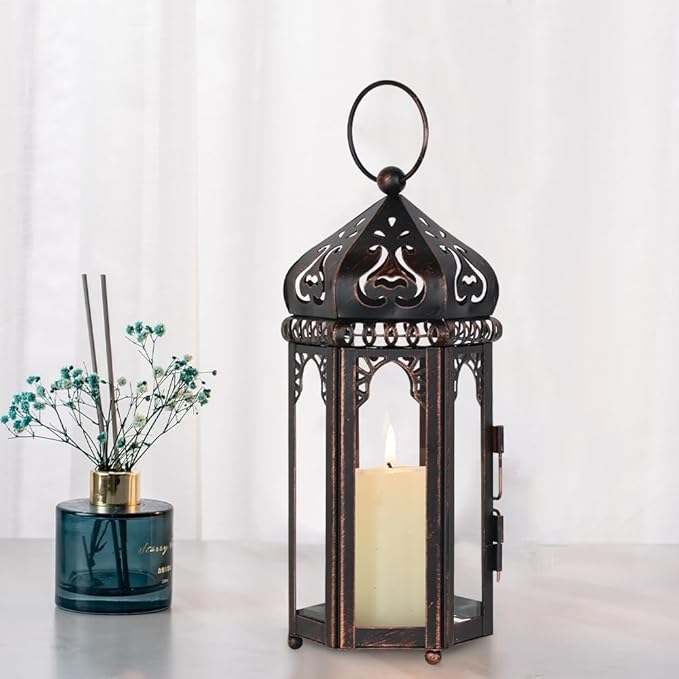 DECORKEY Vintage Medium Size Candle Lantern Decorative, Moroccan Style Vintage Hanging Lantern with Clear Glass, Metal Tabletop Lantern Decor, Indoor Outdoor Candle Holders for Coming Season