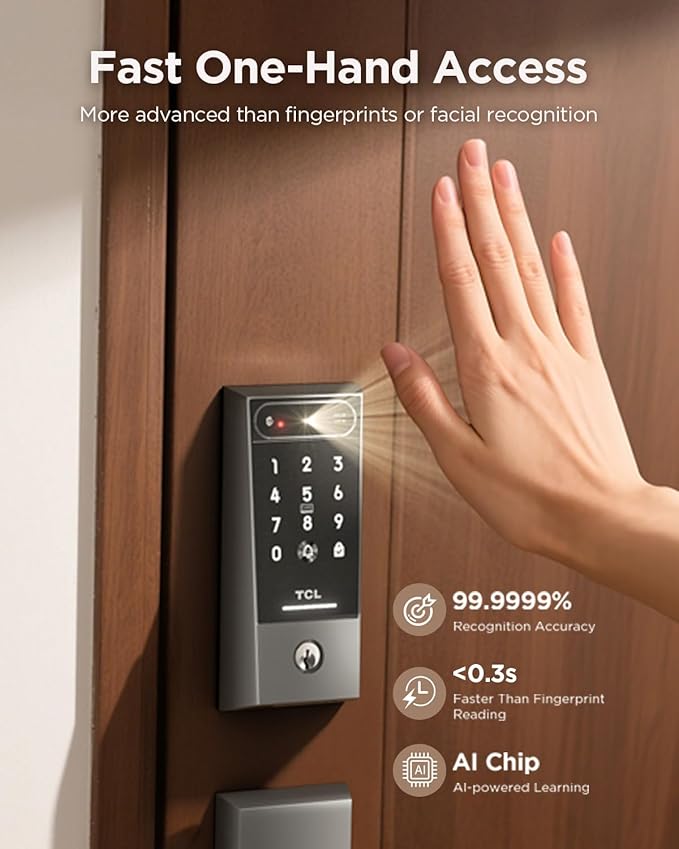 TCL Palm Vein Smart Lock D2 Pro, Wi-Fi Keyless Entry Deadbolt Door Lock, Built-in Doorbell, Key Fob, App Control, Auto Lock, Rechargeable Battery, Works with Alexa & Google Lock for Front Door
