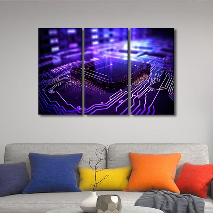 Wall Pictures for Living Room Décor Semiconductor Chip Prints 3 Pieces Wall Art Circuit Board Framed Wall Art on Canvas Chip Artwork Gallery-Wrapped Posters Prints Framed Ready to Hang, 42" Wx28 H
