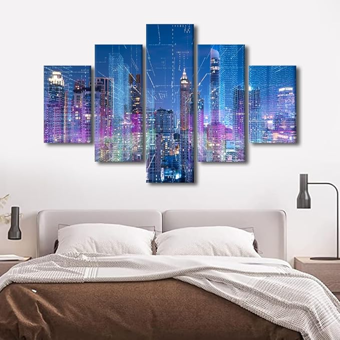 Cityscape Canvas Art 5 Panel Native Americans Wall Decor Wireless Network Poster Printing Internet Companies Corridor Wall Art Meeting Room Canvas Art Decoration Frame Ready to Hang 60x40 Inch