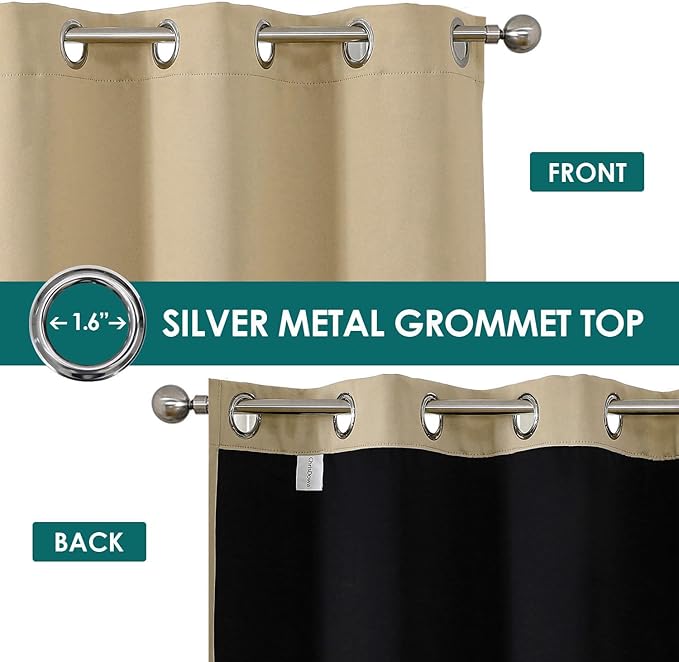 ChrisDowa 100% Blackout Curtains 108 inch Long for Bedroom with Black Liner, 2 Thick Layers Total Blackout Thermal Insulated Grommet Window Curtains 2 Panels Set (Beige, 52 x 108 Inch)