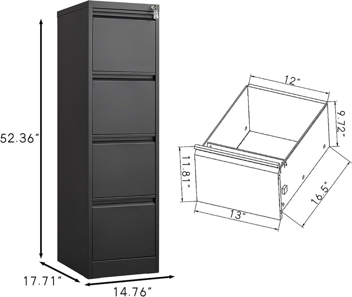 4 Drawer File Cabinet with Lock, Vertical File Cabinets for Home Office, Metal Filing Cabinets, Heavy Duty Steel Lockable Filing Storage Cabinet for Letter/Legal/A4/F4 Size Files, Black