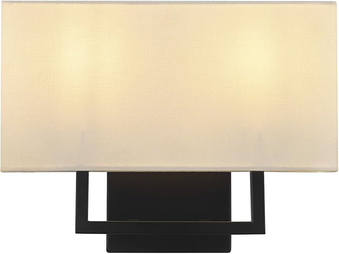 Globe Electric 2-Light Wall Sconce, Matte Black, White Linen Shade, Rectangular Cutout Body, Dimmable, 65000081