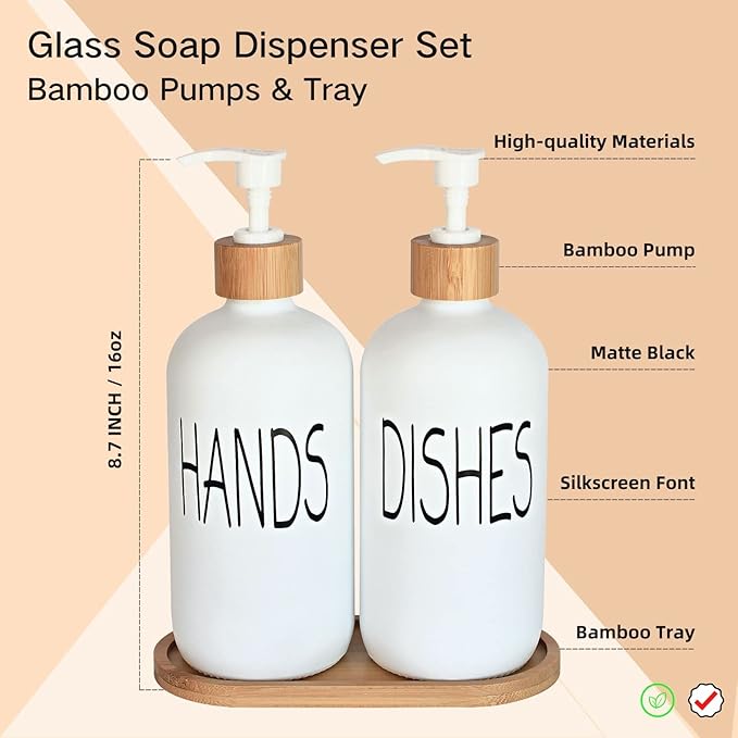 Glass Soap Dispenser Set - Hand Soap and Dish Soap Dispenser with Bamboo Tray. Vintage Soap Dispenser with Pump for KitchenKitchen Drain Outlet and Bathroom. Stylish Permanent Labels (Matte White)