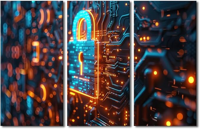 TUMOVO Security Lock Symbol Pictures for Living Room AI Intelligence Paintings 3 Pieces Canvas Wall Art AI Pictures Modern Home Office Decor Framed Ready to Hang Posters and Prints, 42" Wx28 H