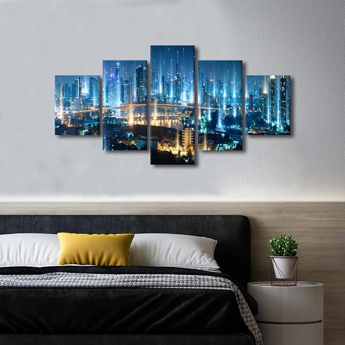 Canvas Wall Art for Living Room Big Data Worker Home Decoration 5 Panel Modern Cityscape Poster Smart City Picture Printing for Office Meeting Room Wall Decorate Stretched Ready to Hang 60x32 Inch