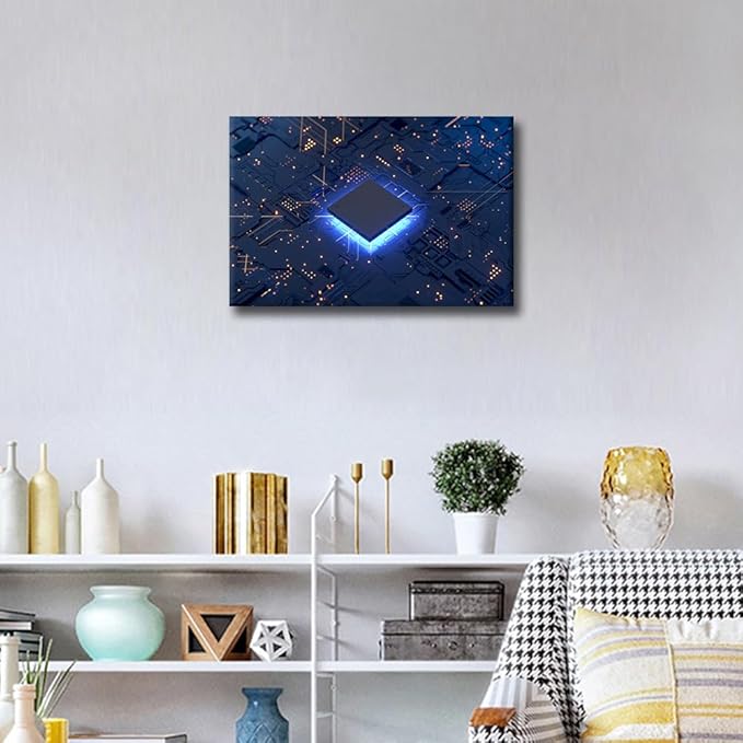 CPU Concept Modern Wall Art Computer Chip House Decorations for Living Room AI Canvas Wall Art Paintings for Bedroom Digital Age Office Decor Artwork Framed Easy to Hang - 18x12in