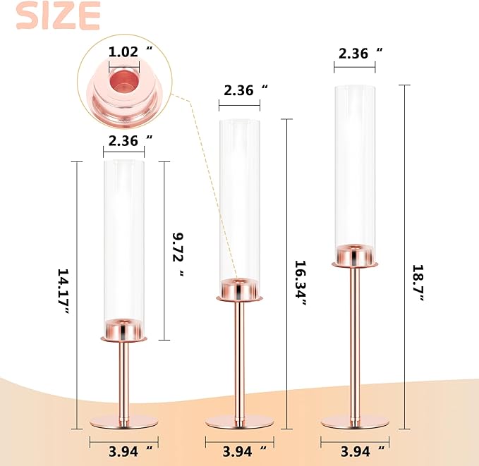 Hurricane Candle Holders Set of 3 Metal Candlestick Holder for Glass Taper Tall Candle Holders with Crystal Chimney Tube Candles Stands for Home Decor, Christmas, Dinning (3, Rose Gold)