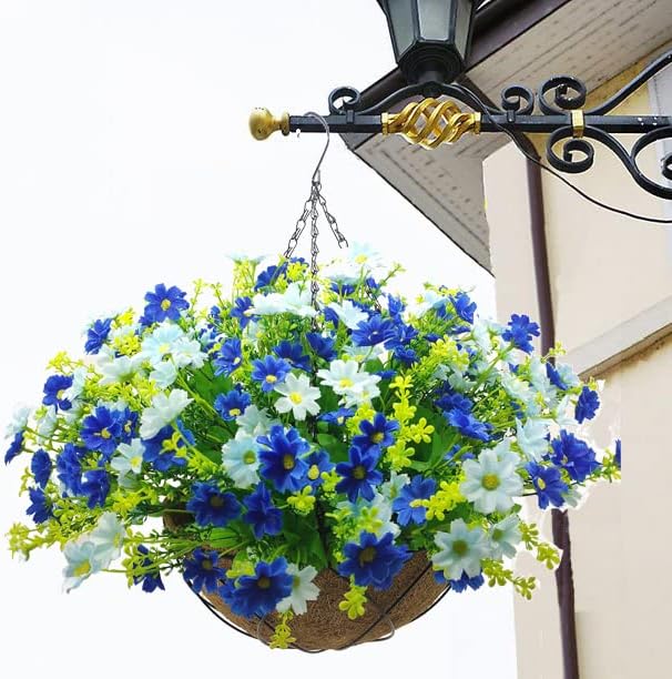 Artificial Hanging Flowers with Basket,Fake Daisy Flowers in 12 inch Coconut Lining Hanging Baskets for The Decoration of Courtyard, Indoors, and Outdoors(White)