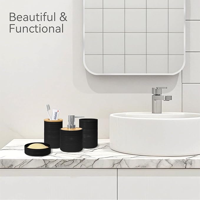 Bathroom Accessories Set 4 PCS, Bamboo Bathroom Accessory Set Includes Soap Dish, Soap Dispenser, Toothbrush Holder, Toothbrush Cup, Bathroom Sets Accessories, Boho Bathroom Decor(Black)