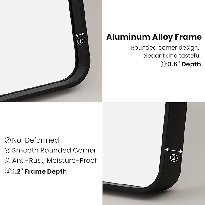 22x31 Inch Black Bathroom Mirror, Rounded Rectangle Matte Framed Wall Mounted Mirror, Bathroom Vanity Mirror, Tempered Glass, Anti-Rust, Horizontal/Vertical...
