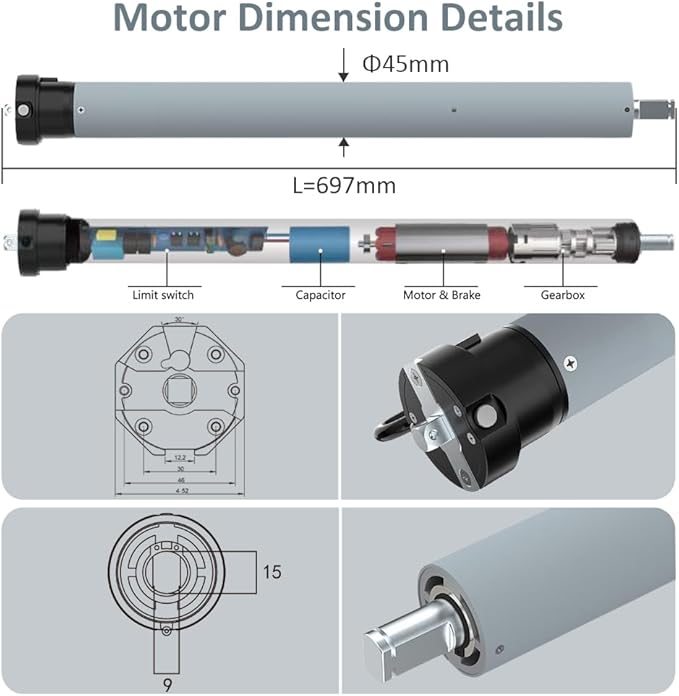 AC120V RS485 Motorized Roller Shade Motor, 45mm Electronic Limit Tubular Motor for Smart Blinds, Awning & Projector Screen, Compatible with Control4 (20 N.m for Φ74mm（3"） Round Tube)