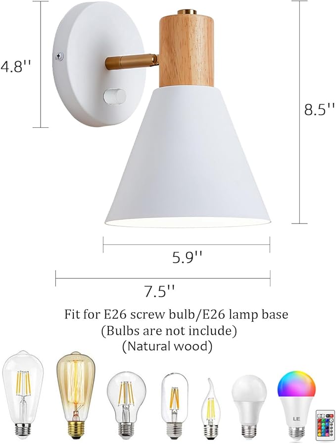 ClanKin Wall Sconces Lighting, White Wood Style Wall Sconce Reading Lamp, Adjustable Wall Light for Bedroom Hallway Living Room (White-Hardwired, 1)
