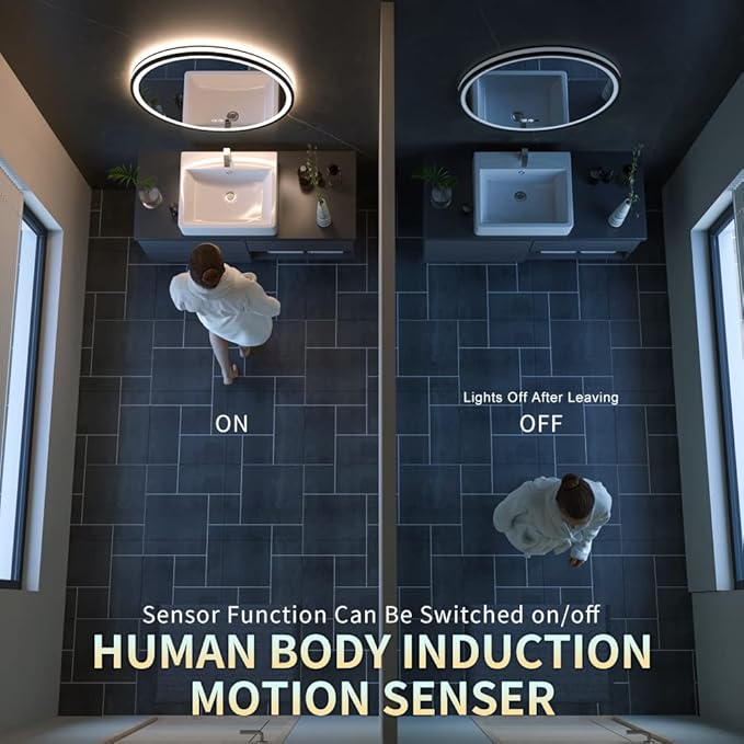 LED Sensor Mirror, 40 inch Round Human Body Induction, Black Framed Vanity Mirror, Illuminated Dimmable Anti Fog IP44 Waterproof Bathroom Wall Mounted Blacklit Mirror with Lights
