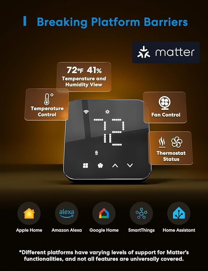 meross Smart Thermostat for Home, WiFi Thermostat Works with Matter, Alexa, Apple Home, Google Assistant, App & Voice Control, 7x24h Scheduling, Energy Saving, C-Wire Required