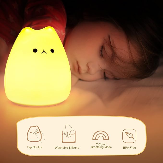 Litake LED Cat Night Light for Kids, Battery Powered Silicone Animal Cute Cat Nursery Night Lights, Portable Night Light, Ideal Multicolor Gifts for Women, Baby, Children, Toddlers, Teen Girls