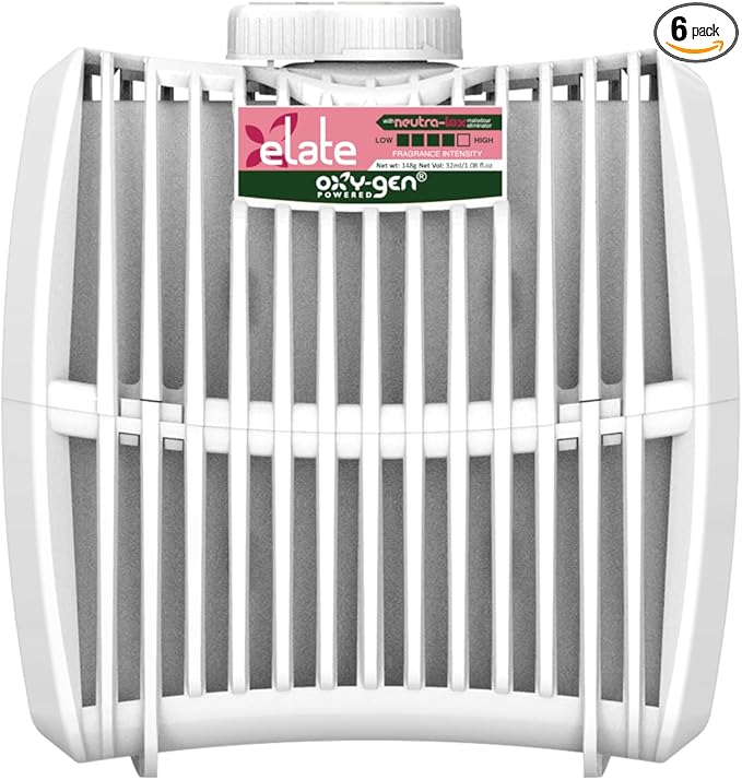Oxygen-Pro Elate Strong Fragrance Cartridges - Continuous Scent Refills for Oxy-Gen Powered Automatic Air Freshener Dispenser - Commercial Grade Wall Mounted Odor Eliminator - 60 Day Life (6-Pack)