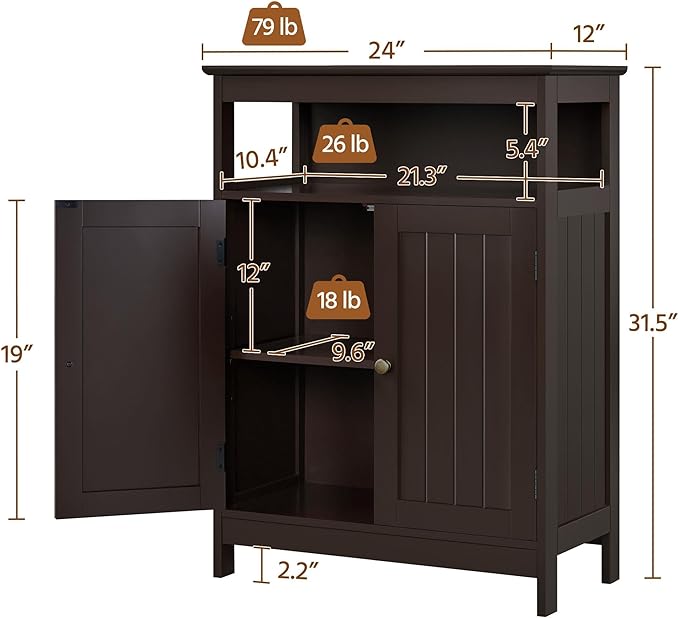 Yaheetech Bathroom Floor Storage Cabinet, Wooden Free Standing Storage Organizer with 2 Doors & Adjustable Shelf for Living Room, Hallway, Espresso