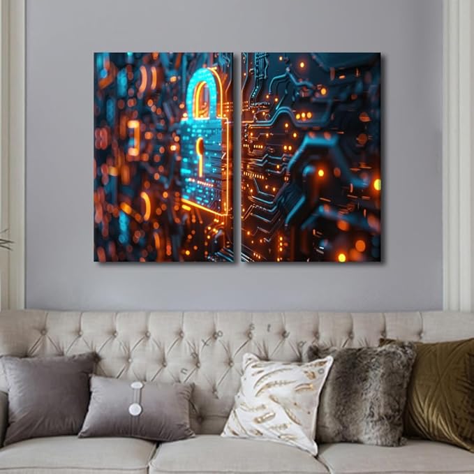 AI Intelligence Pictures Paintings Canvas Print 3 Pieces Security Lock Symbol Wall Art Artwok Home Decor for Living Room Giclee Framed Art Ready to Hang, 24" Wx16 H