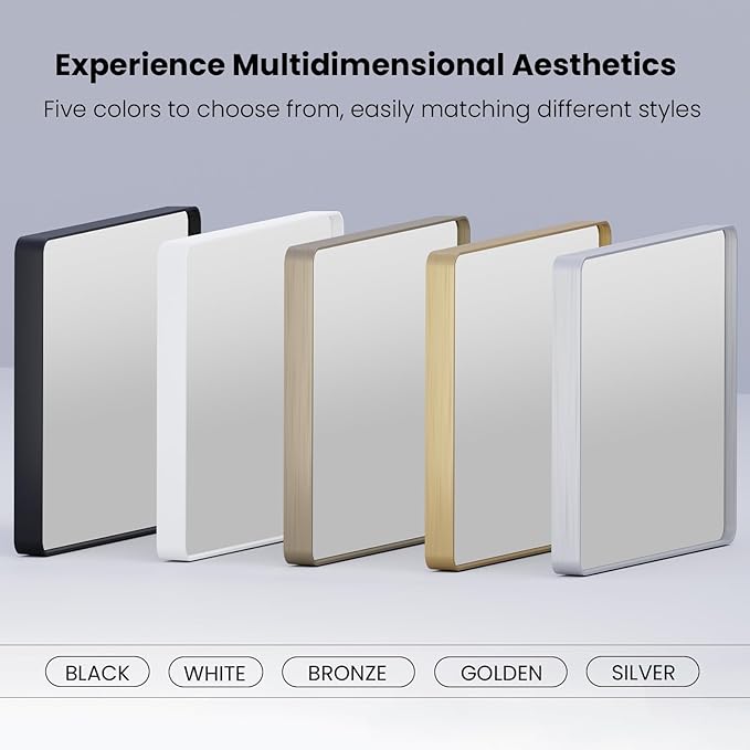 Brushed Nickel Bathroom Mirror 38x38 Inch, Brushed Silver Metal Frame Mirror Wall Mounted, Rounded Bathroom Vanity Mirror, Tempered Glass, Anti-Rust, Horizontal/Vertical