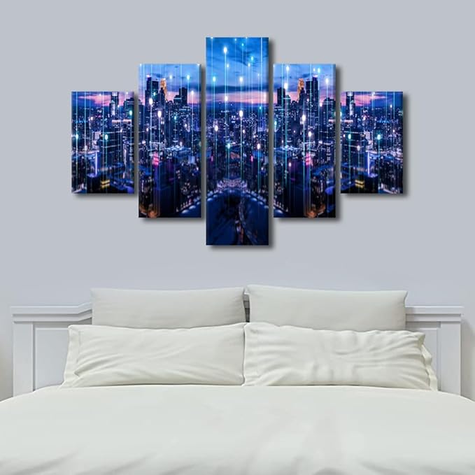 5 Panel Modern City Poster Native Americans Home Decoration Artwork Urban Skyline Picture Printing Bangkok Particle Glowing Light Poster for Office Bedroom Decor Stretched Ready to Hang 60x40 Inch