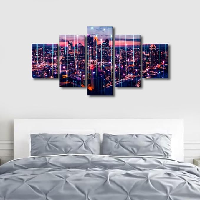 Canvas Wall Art for Home Decoration Abstract Point City Landscape Poster 5 Panel Hologram Aerial Poster Native Americans Living Room Bedroom Decorate Frame and Stretched Ready to Hang 60x32 Inch