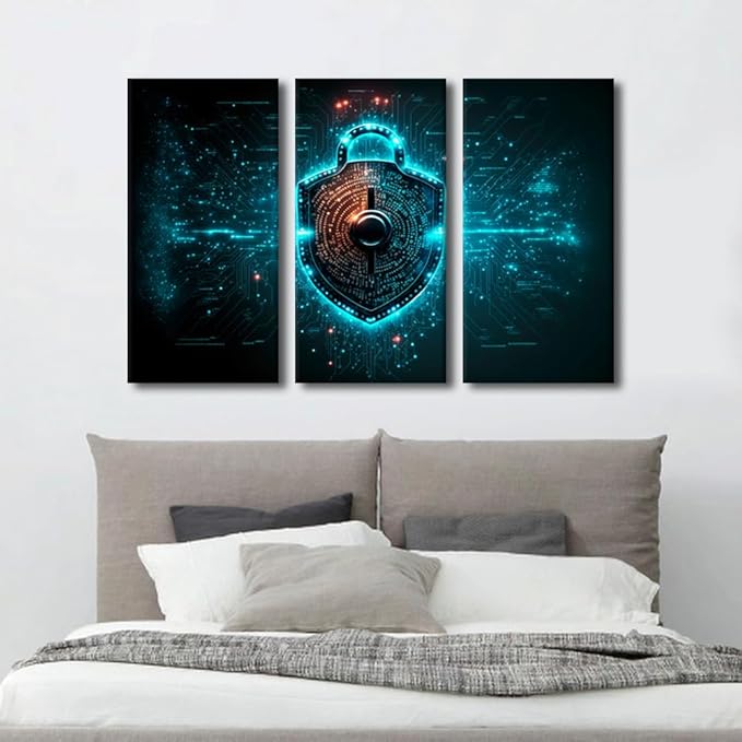 3 Panel Modern Wall Art Contemporary Posters and Prints, Big Data and Cybersecurity Conceptual Artwork Modern Home Wall Decorations Wooden Framed Gallery-Wrapped, 42" Wx28 H