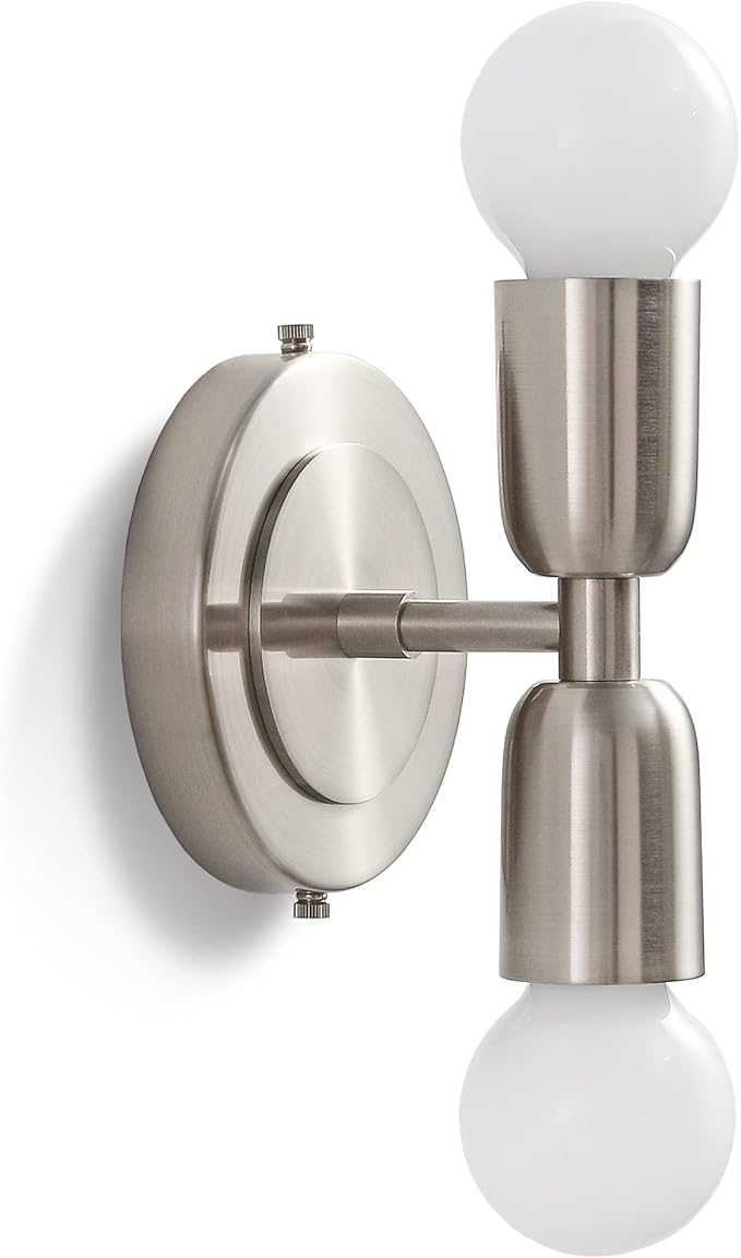 BRIGHTTIA Luna Duo 2 Light Wall Sconce - Mid Century Modern Fixture for Wall & Ceiling - Minimalist Edison Lamp for Hallway and Bathroom Vanity - Brushed Nickel (BW0026-2N)
